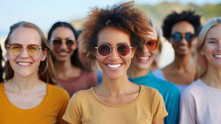 A group of women smiles brightly while wearing vibrant outfits and accessories during a sunny outdoor gathering, creating a joyful and lively atmosphere.の素材