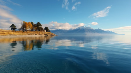 A serene lakeside retreat features a cluster of trees reflecting in the still water as the sun sets, casting warm hues of orange and blue across the horizon, creating a peaceful atmosphere.の素材
