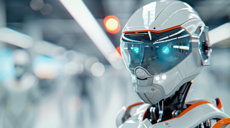 A sleek, futuristic robot with orange accents stands in a modern technological setting, showing advanced design features. The glowing eyes and reflective surface highlight its cutting-edge appearance.の素材