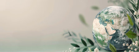 A globe depicting Earth is nestled among delicate green leaves and flowers, set against a gentle, neutral backdrop that emphasizes nature's beauty and harmony with the planet.の素材
