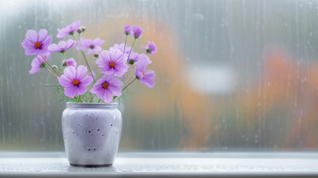 A delicate arrangement of purple flowers sits in a white vase on a windowsill, framed by a soft, blurred background of nature, creating a tranquil and inviting atmosphere.の素材
