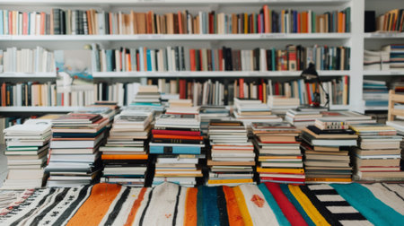A collection of neatly stacked books rests on a vibrant table runner in a warm and inviting home office. Surrounding the books are other design elements, creating a creative and inspiring workspace.の素材