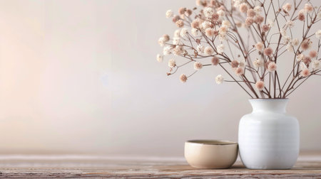 A simple white vase holds delicate white blossoms with gentle pink accents, placed on a rustic wooden table. The soft, blurred background features blooming flowers in pastel hues, enhancing the serene atmosphere.の素材