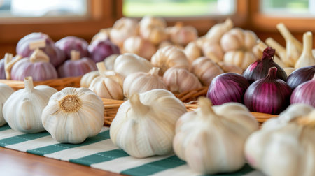 A collection of fresh garlic bulbs in various colors and sizes arranged neatly on a rustic wooden surface, highlighting their natural textures and vibrant hues.の素材