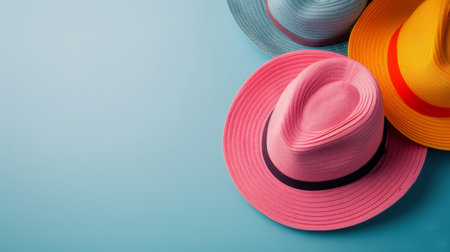 Three vibrant straw hats in pink, orange, and purple are arranged on a bright blue background, showing their distinct colors and textures in a cheerful display.の素材