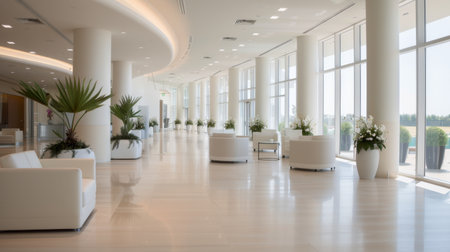 A serene relaxation area features minimalist decor, large windows offering expansive views, and soft cushions arranged along the floor. Potted plants add a touch of nature to the modern architectural design.の素材