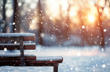 A park bench covered in frost is illuminated by the warm glow of a sunset, surrounded by snow-covered trees in a serene winter setting.の素材