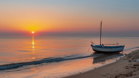 A tranquil sunset casts vibrant colors across the sky, reflecting on the calm waters. A small boat rests on the sandy beach as a sailboat glides in the distance, creating a serene coastal atmosphere.の素材