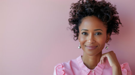 A young woman with curly hair smiles warmly, showcasing her joy in a vibrant indoor space adorned with pastel colors.の素材
