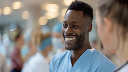 A cheerful healthcare worker in scrubs shares a light moment with a colleague, highlighting camaraderie in a busy hospital environment and showing the importance of teamwork in patient care.の素材