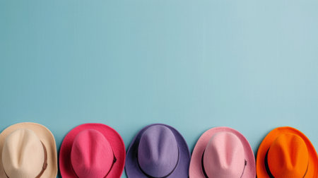 Three vibrant straw hats in pink, orange, and purple are arranged on a bright blue background, showing their distinct colors and textures in a cheerful display.の素材