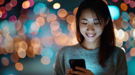 A young woman smiles while gazing at her phone, surrounded by a colorful bokeh effect in a city at night. The glowing lights create a festive atmosphere, enhancing her moment of personal connection.の素材