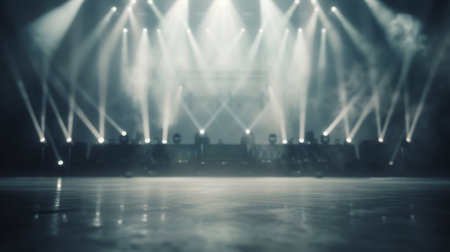 A large crowd gathers in anticipation as dynamic beams of light illuminate a concert stage, creating an electrifying atmosphere during a nighttime event.の素材