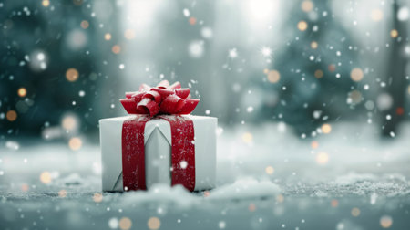 A beautifully wrapped gift box with a red ribbon sits on a snowy surface, surrounded by falling snowflakes, capturing the essence of winter and holiday cheer.の素材