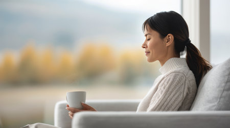 A woman in a light gray sweater gazes thoughtfully out into her bright living room, filled with soft decor, as natural light streams in, creating a serene atmosphere.の素材