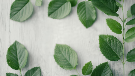A cluster of vibrant green leaves rests gently on a soft, textured fabric, showing their intricate veins and natural beauty in a serene arrangement.の素材