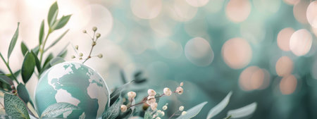 A globe depicting Earth is nestled among delicate green leaves and flowers, set against a gentle, neutral backdrop that emphasizes nature's beauty and harmony with the planet.の素材