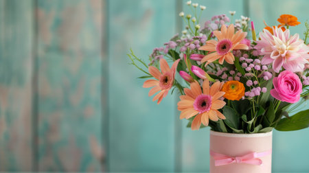 A colorful bouquet of pink and white flowers is elegantly arranged in a clear glass vase. The soft bokeh background creates a dreamy atmosphere, enhancing the beauty of the blooms.の素材