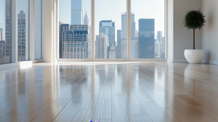 Sunlight pours into a spacious interior, highlighting a polished wooden floor and large windows that frame trees with autumn foliage outside, creating a warm and inviting atmosphere.の素材