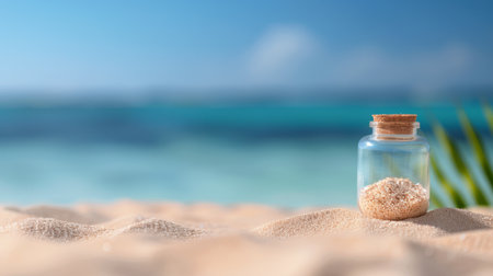 A person holds a glass bottle containing a miniature sailboat against a beautiful beach backdrop, with clear blue water and a distant ship under a bright sunny sky.の素材