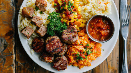 Delicious grilled chicken skewers served alongside roasted corn and a fresh garden salad, showing vibrant colors and enticing textures on a rustic wooden table.の素材