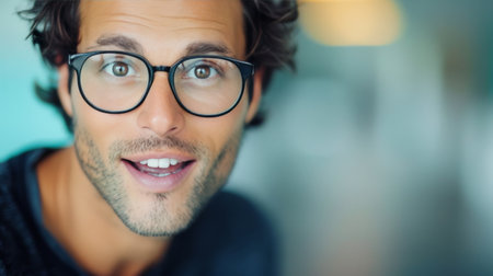 A man with curly hair and glasses smiles engagingly while sitting in a contemporary indoor space, illuminated by natural light. His expression conveys warmth and friendliness, creating an inviting atmosphere.の素材