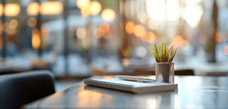 A cozy cafe table features a neatly arranged notebook and pen beside a small potted plant, illuminated by soft sunset light reflecting off nearby windows.の素材