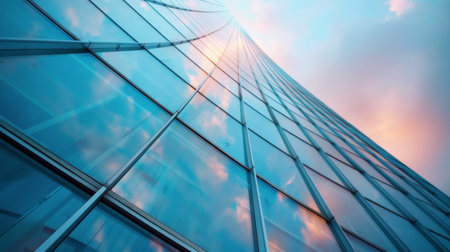 A modern glass building towering against the blue sky, reflecting fluffy clouds. The perspective captures the sleek design and angular lines of the structure, emphasizing its height and contemporary architecture.の素材
