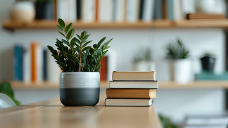 Various succulent plants in stylish pots are arranged on a wooden table in a contemporary shop, surrounded by shelves filled with gardening supplies and decor under warm natural lighting.の素材