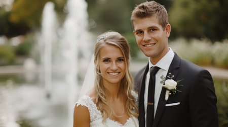 A newlywed couple smiles joyfully as they embrace in an elegant park, surrounded by autumn foliage and a tranquil fountain. The bride holds a bouquet, adding to the enchanting romantic atmosphere.の素材