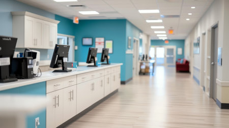A clean and contemporary healthcare facility features a reception desk with supplies, leading to a spacious hallway filled with natural light and access to treatment rooms.の素材