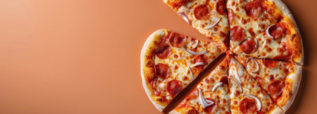 A delicious pepperoni pizza, perfectly baked and freshly sliced, reveals gooey cheese, savory pepperoni, and onions against a warm, inviting background.の素材