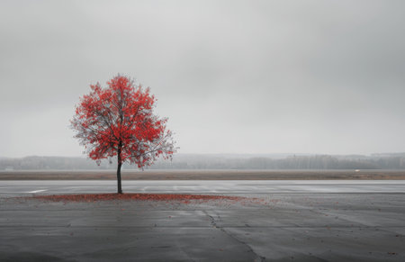 A solitary red tree stands on a wet asphalt surface, surrounded by a foggy landscape. The vibrant leaves contrast with the muted gray sky, creating a striking autumnal scene evoking solitude and tranquility.の素材