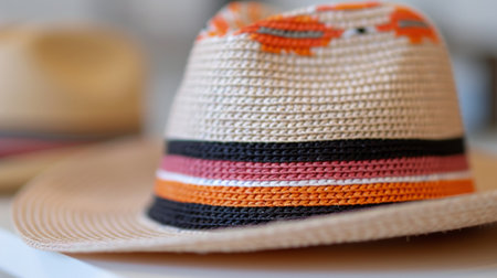 A stylish, colorful woven hat with intricate patterns sits prominently on a table surrounded by other hats, showing its unique design and craftsmanship in a vibrant retail environment.の素材