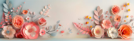 An intricate display of peach and blue flowers and leaves embellishes a soft neutral backdrop, showing vibrant blooms and delicate greenery in a harmonious composition.の素材