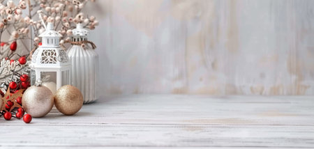 A beautifully arranged display of Christmas decorations featuring white lanterns, golden ornaments, and seasonal greenery, set against a soft wooden background.の素材