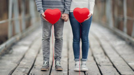A young couple stands on a weathered wooden bridge, holding hands while carrying red heart-shaped balloons. The autumn scenery adds a romantic backdrop to their heartfelt moment together.の素材