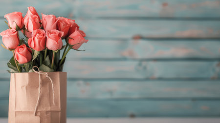 A bouquet of vibrant red roses is placed in a brown paper bag, creating a charming display against a softly blurred backdrop, emphasizing the beauty of the flowers and their elegant arrangement.の素材