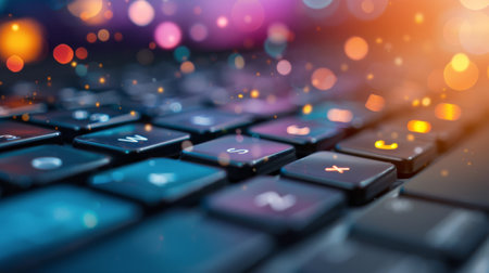 Drops of water are scattered across a keyboard, reflecting vibrant bokeh lights in the background. The scene captures a blend of technology and nature, creating an intriguing visual atmosphere.の素材