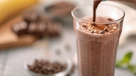 A rich chocolate milkshake is being poured into a glass, topped with chocolate shavings. The background features warm bokeh lights, creating a cozy atmosphere.の素材