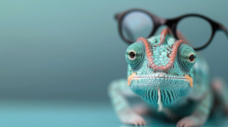 A vibrant chameleon rests on a rock, showcasing its bright colors and intricate patterns against a blurred green background, highlighting its camouflaging ability in the wild.の素材