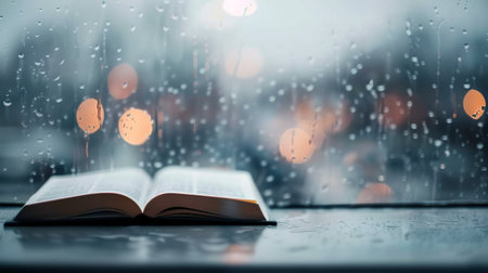 A warm and inviting atmosphere features an open book resting on a windowsill. Raindrops trickle down the glass, with blurred city lights glowing softly in the background, creating a perfect setting for reading.の素材