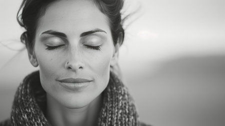 A woman with her eyes closed, wearing a soft sweater and a cozy scarf, is lost in thought while enjoying a peaceful moment outdoors with blurred lights in the background.の素材