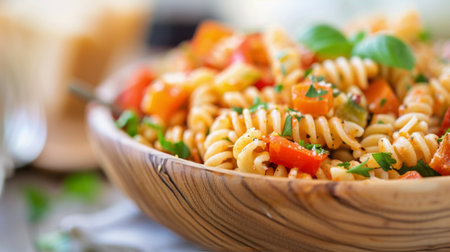 A vibrant mixed pasta salad features rotini, broccoli, chopped chicken, and colorful vegetables, served in a rustic wooden bowl. Fresh ingredients create a hearty dish perfect for lunch or dinner.の素材