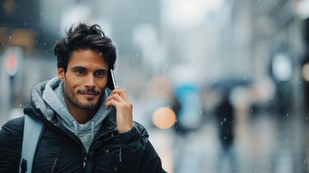 A man in a dark coat is engaged in a phone conversation while walking through a busy city. Snowflakes are falling, and cars pass by in the background, creating a lively winter atmosphere.の素材