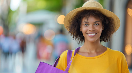 A young woman wearing a yellow shirt and cap smiles while hiking in a vibrant wildflower field. Behind her, fellow volunteers in similar attire enjoy the outdoors, contributing to conservation efforts during a sunny day.の素材
