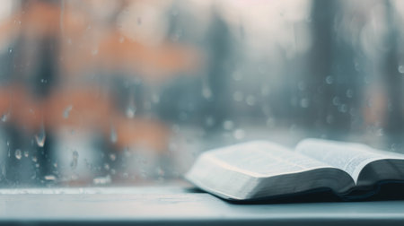 A warm and inviting atmosphere features an open book resting on a windowsill. Raindrops trickle down the glass, with blurred city lights glowing softly in the background, creating a perfect setting for reading.の素材