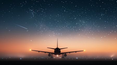 An airplane is positioned on the runway, ready for departure as the sun sets, casting vibrant hues across the sky. Stars and distant lights create a magical atmosphere, signaling a calm night ahead.の素材