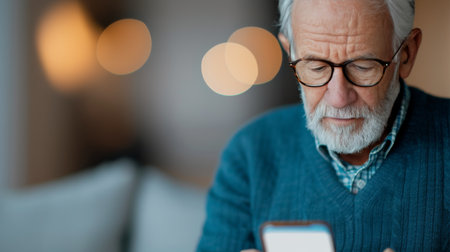 An older man with glasses is focused on his smartphone, surrounded by a cozy living room decorated for the holidays, highlighting a warm and festive atmosphere.の素材