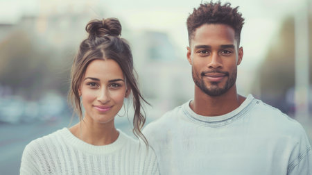 A young couple stands close together at the beach, dressed casually. They exude confidence and intimacy while gazing directly at the camera, set against a backdrop of soft, cloudy skies.の素材